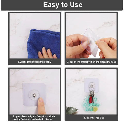 Step-by-step installation of Heavy Duty Adhesive Hooks 2 In 1 No Drill Wall Mount Shelf Hangers with built-in bolt, reusable, white.