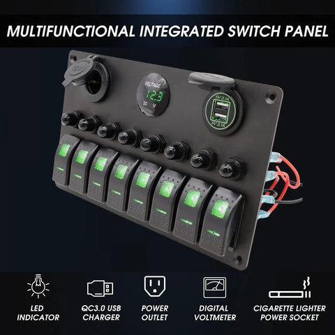 8 Gang Rocker Switch Panel With 15A Reset Circuit Breaker, All In One Dual USB Charger 2.1A, LED Voltmeter, Cigarette Lighter Socket, 12V 24V Waterproof Toggle Panel For Marine Boat Truck Car displayed with LED indicators and connectivity ports.