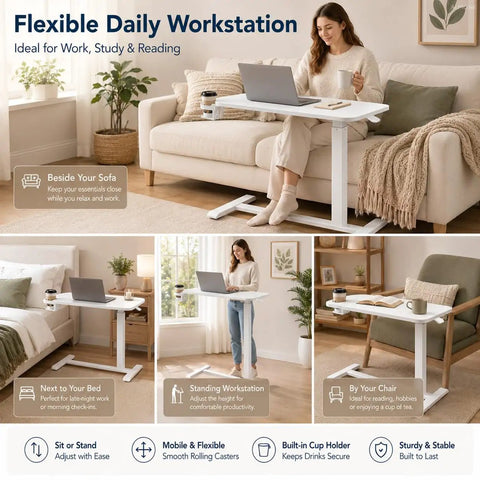 Mobile Rolling Desk Featuring Hidden Wheels And Smooth Pneumatic Height Adjustment Portable Laptop Stand For Home Office Or Bedside Setup Lightweight White Surface with plants and coffee.