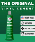 Pro Grade Toluene Free Vinyl Cement 1 Oz Adhesive For PVC And Vinyl Repairs, bottle with product features listed beside.