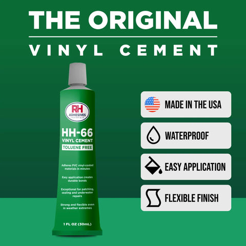 Pro Grade Toluene Free Vinyl Cement 1 Oz Adhesive For PVC And Vinyl Repairs, bottle with product features listed beside.