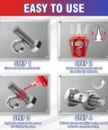 Vigorder red thread-lock bottle with 1 bolt and 1 nut; four-step usage panels: front, side, apply, installed.