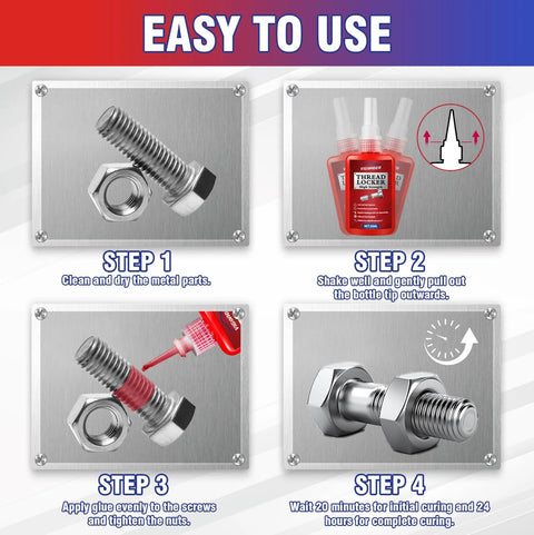 Vigorder red thread-lock bottle with 1 bolt and 1 nut; four-step usage panels: front, side, apply, installed.