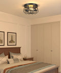 Two Light Industrial Farmhouse Ceiling Light With Dope Black Metal Cage UL Certified Rustic Vintage Finish in bedroom setting