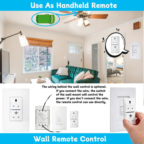 Living room showing Universal Ceiling Fan Remote Control Kit With Receiver And Wall Control, demonstrating wall and handheld options.