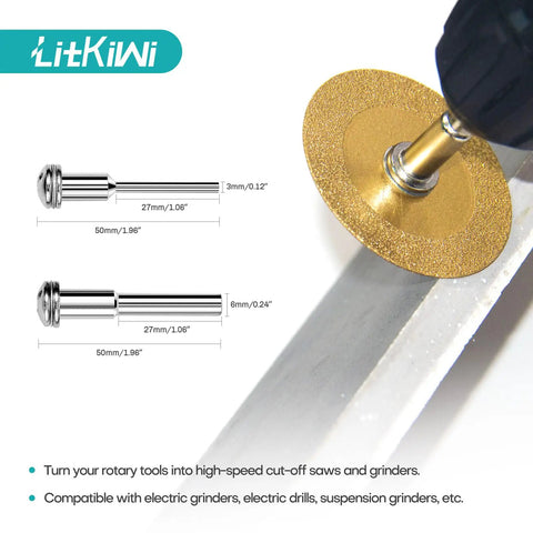 Upgraded Diamond Cutting Blade Tool With Dual Round Mandrels And Two Piece Quarter Inch Hex Shank Kit showing dual mandrels with hex shank.