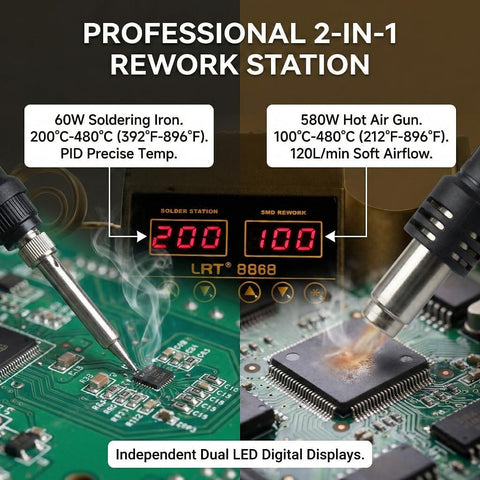 Powerful 2 In 1 Rework Station With 580 Watt Hot Air Gun And 60 Watt Soldering Iron, Digital Dual LED Display, precise electronics repair