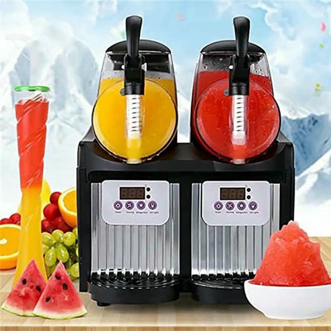 Pro Level Dual Tank Frozen Drink Maker And Slushie Dispenser With Serious Chill Factor For Smoothies Ice Cream And Cold Beer, dual 2.5L tanks with vibrant slushies.