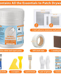 All In One Drywall Patch And Spackle Repair Kit For Quick Holes And Cracks On Walls And Ceilings With 22 Ounce White Putty, Scraper, Mesh Tape, Sanding Block, Gloves, And Patch Tools For A Clean Pro Finish shown in packaging with all components displayed.