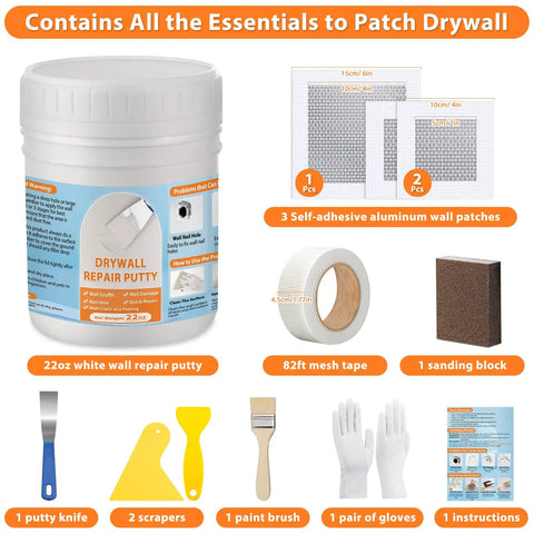 All In One Drywall Patch And Spackle Repair Kit For Quick Holes And Cracks On Walls And Ceilings With 22 Ounce White Putty, Scraper, Mesh Tape, Sanding Block, Gloves, And Patch Tools For A Clean Pro Finish shown in packaging with all components displayed.