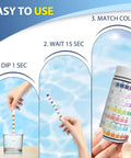 7 In 1 Spa And Pool Test Strips, 150 Count Water Testing Kit For Chlorine, Bromine, PH, Hardness, Alkalinity, Cyanuric Acid And More With Easy Color Chart For Quick Accurate Readings in use with hand dipping and matching colors