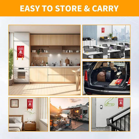 Collage of 8 Pack Fire Blanket Set 40x40 Inches Fireproof Fiberglass Emergency Safety Blanket in kitchen, office, car, camper, and hallway.