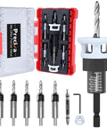 Five Piece Countersink Drill Bit Kit With HSS Tapered Bits, Hex Shank, Two Depth Stops, Built For Wood Plywood MDF Plastic And Drywall