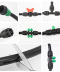 Collage of Drip Irrigation Tubing Kit 33 Ft Main Line One Half Inch Flexible PVC Tubing with barbed connectors and valves.