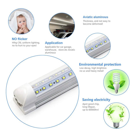 Illustration of features for 10 Pack 8 Foot LED Shop Light Fixture With 90W T8 Integrated LED, 6500K Bright White, 12000LM Beefy Brightness
