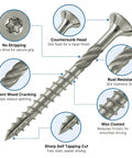 Close-up of 100 Pack Stainless Steel Deck Screws #10 x 2-1/2 Inch With Wax Coating, showing Torx drive and self-tapping cut