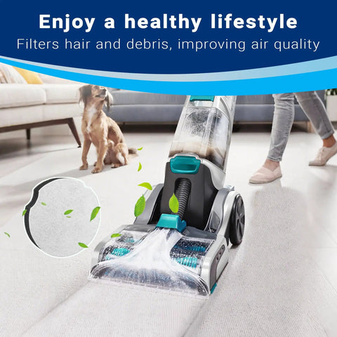 Vacuum cleaner on carpet with dog and person in background, promoting Two Pack Filter Replacement Compatible With Bissell PowerForce Compact Upright 2112 1520 And Bissell Turbo Bagless 2690 Vacuum Cleaners For Easy Pop In Fit No Fuss Dust Capture And Longer Lasting Suction.