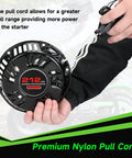Person holding Pull Start Recoil Starter Assembly For Predator 212cc 196cc 6.5HP Engines, highlighting nylon pull cord.
