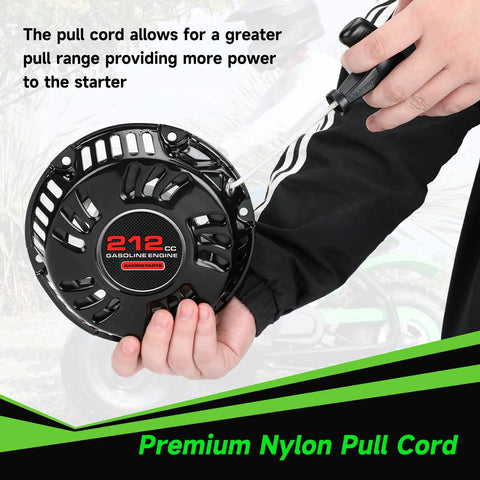 Person holding Pull Start Recoil Starter Assembly For Predator 212cc 196cc 6.5HP Engines, highlighting nylon pull cord.