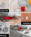 Diamond hole saw kit, 14-piece porcelain tile drill bit set, sizes 6–100 mm, red center, shown in use.
