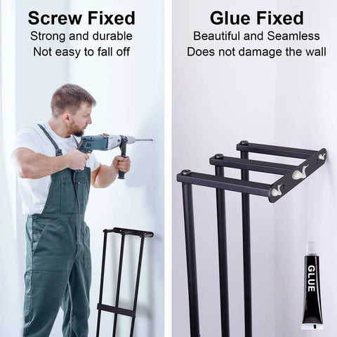Installation of Super Sturdy Steel Towel Rack Wall Mount For Small Bathrooms with screw and glue methods.