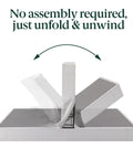 Dead Simple 9 Inch Box Spring With Built Tough Steel Core And Pristine White Cover Ultimate Mattress Foundation For Split California King Beds That Opens In A Flash shown being unfolded.