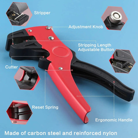 2 In 1 Automatic Wire Stripper And Cutter Self Adjusting Tool For 10 24 AWG Cables showing detailed features and build