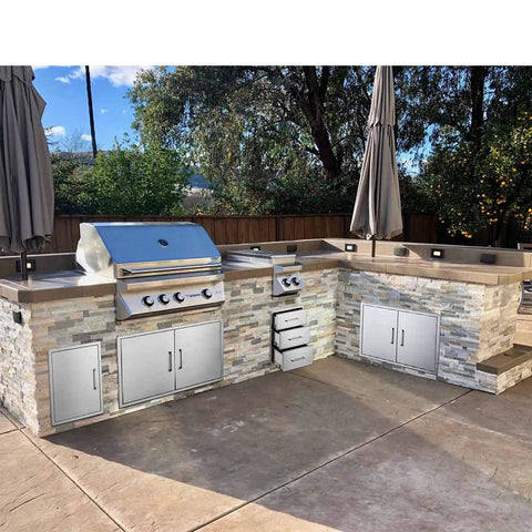 Outdoor kitchen with Stainless Steel Flush Mount Outdoor Kitchen Door Set Double Access Door 30 Inch Wide 21 Inch High.