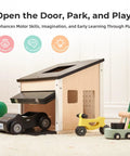 Wooden Dollhouse Garage Set With Workbench, Lawn Mower, Bicycle And Car For Kids, Kid Friendly Realistic Garage Toys With Furniture And Accessories