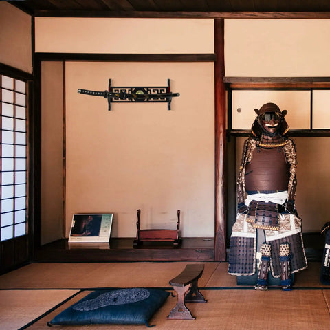 One Tier Katana Wall Mount Sword Holder With Red Velvet Padding, Vintage Bagua Pattern Display Rack on Japanese-style wall