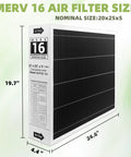 Image of 20x25x5 MERV 16 Activated Carbon Furnace Air Filter 2 Pack for Clean Indoor Air, box showing dimensions and details
