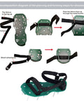 Diagram showing Heavy Strap Lawn Aerator Shoes With 26 Stainless Steel Spikes assembly and Velcro strap instructions.