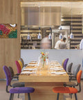 Funny Vintage Ramen Metal Sign Wall Art 8 By 12 Inch Tin Poster decor in a modern dining area with chefs in background.