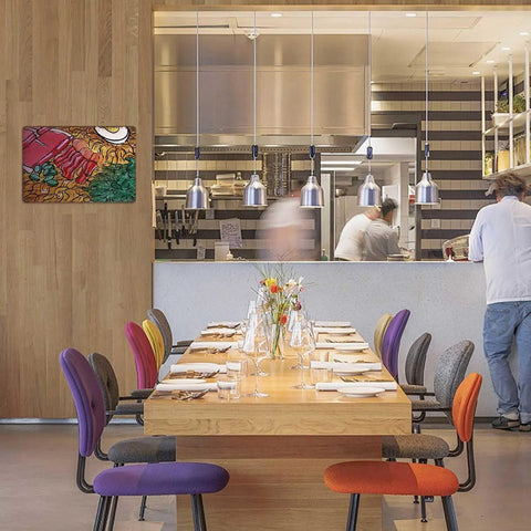 Funny Vintage Ramen Metal Sign Wall Art 8 By 12 Inch Tin Poster decor in a modern dining area with chefs in background.