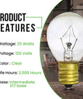 Close-up of 25W S11 Lava Lamp Replacement Bulbs, 120V Incandescent, E17 Intermediate Base, Pack of 2 with product features listed.