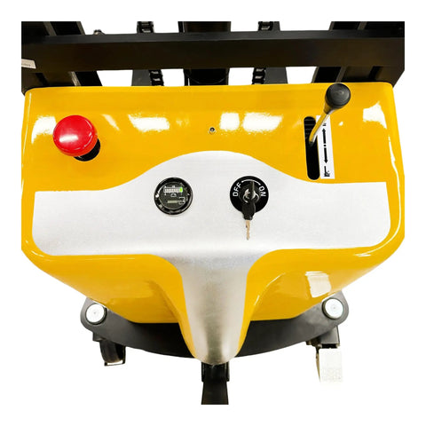 Wide Leg Semi Electric Pallet Stacker Built Tough To Hustle 3307 Pound Pallets Straight Up To 138 Inches Smooth As Butter Daily Without Breaking A Sweat control panel with lever and battery gauge