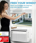 Woman opening window next to Smooth Cooling 12000 Btu U Shaped Smart Inverter Window Air Conditioner for fresh air.