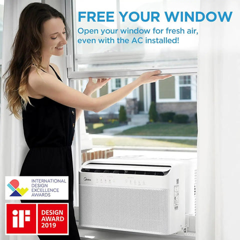 Woman opening window next to Smooth Cooling 12000 Btu U Shaped Smart Inverter Window Air Conditioner for fresh air.
