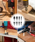 Premium Eight Piece Wood Plug Cutter Drill Bit Set One Quarter Three Eighths Five Eighths Half Inch Steel Boring Tool for DIY work in action.