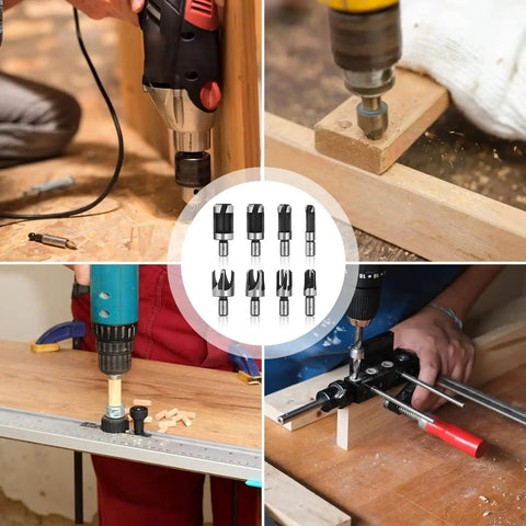 Premium Eight Piece Wood Plug Cutter Drill Bit Set One Quarter Three Eighths Five Eighths Half Inch Steel Boring Tool for DIY work in action.