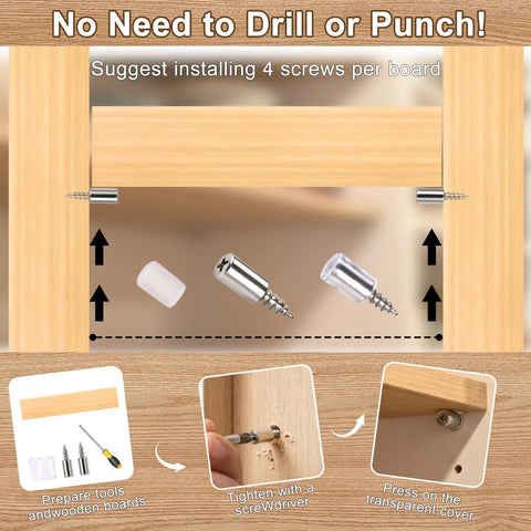 Instructional image for 50 Pcs Heavy Duty Cabinet Shelf Support Pegs With Non Slip Silicone Sleeves And No Fuss Install showing installation steps.
