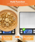High Precision Jewelry Scale With 0.01g Accuracy And 1000g Capacity Portable Digital Gram Scale displaying hold function with gold items