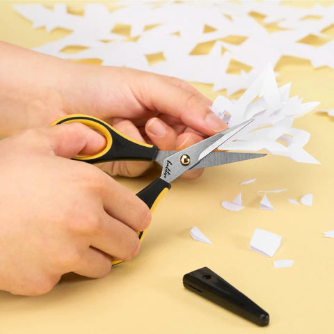 Ultra Sharp Precision Craft Scissors With Stainless Steel Blades And Safety Cap Micro Tip For Fine Paper Crafting Scrapbooking School Projects Home And Office Use Non Slip TPR Handles For Easy Grip Kid Friendly And Comfortable Everyday DIY, cutting paper