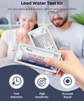 No Sweat Lead Water Test Kit Delivers Clear Tap And Well Results Runs Fast In Ten Flat held in hand, showing packaging and usage.