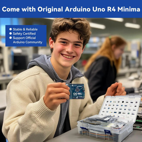 Teen holding Arduino Uno R4 Minima with Ultimate Sensor Kit For Arduino Uno R4 Minima With RoHS Certified Sensors, open box on table