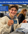 Smiling person holding Arduino Uno R4 Minima from 3 In 1 Starter Kit With Arduino Uno R4 Minima For IoT And Smart Car Projects ESP8266 WiFi.