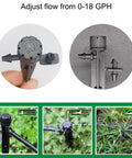 Close-up of 25 Adjustable Drip Irrigation Emitters With Stakes 0 To 18 GPH Flow 360 Degree Sprinkler Heads in action on lawn