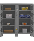 Inside view of Built Tough Welded Steel Job Site Cabinet, Outdoor Tool Storage Locker With Three Point Lock, showing organized tools and supplies.