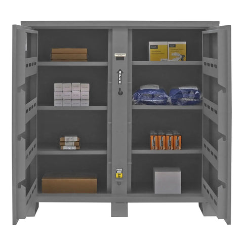 Inside view of Built Tough Welded Steel Job Site Cabinet, Outdoor Tool Storage Locker With Three Point Lock, showing organized tools and supplies.