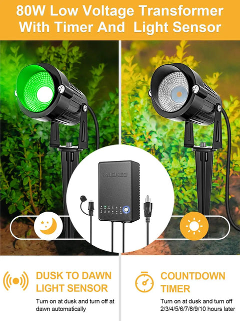 All In One RGB Low Voltage Landscape Lighting Kit With 12 5W LED Color Changing Lights, 80W transformer, light sensor, and timer.
